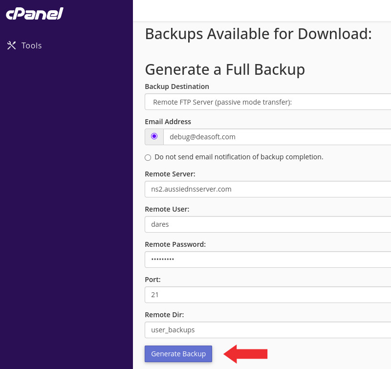cpanel hosting control panel generate a backup form